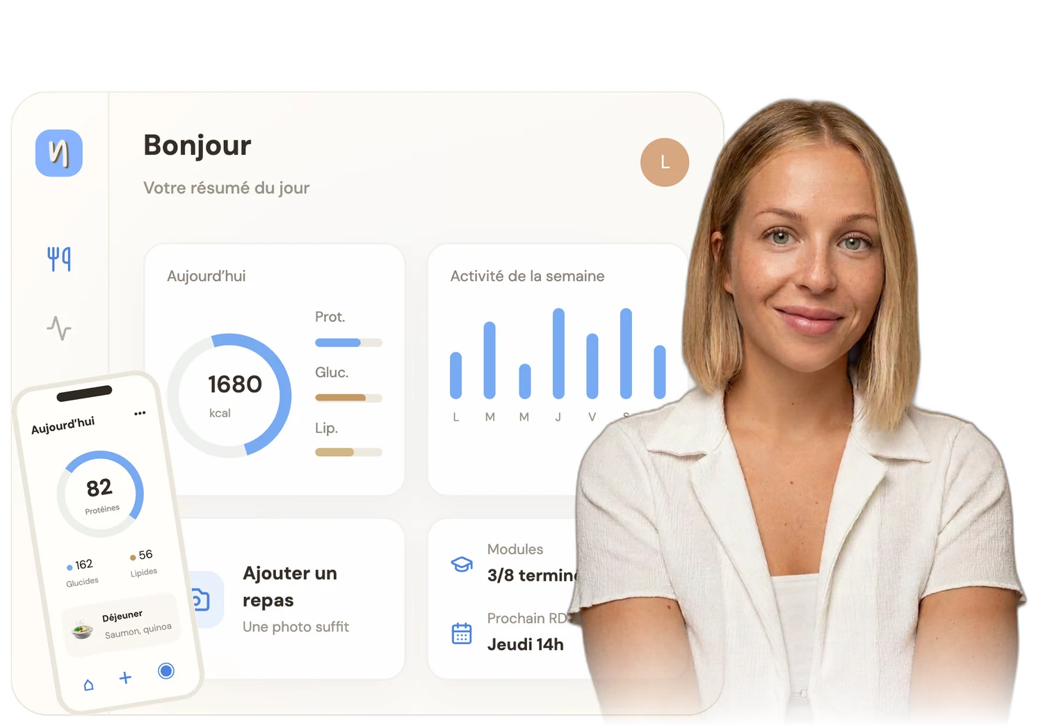 Aperçu de la plateforme de suivi Mon suivi Nutri, avec Manon Muller, Coach en nutrition